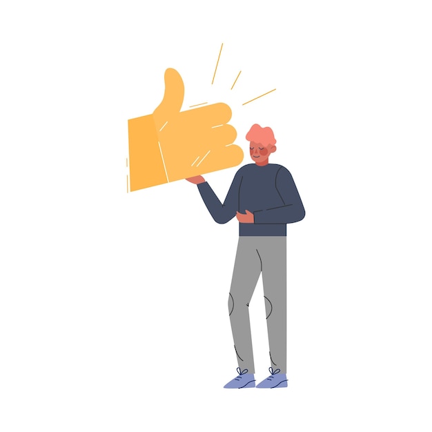 Joven con el pulgar hacia arriba Signo en las manos Seguidor masculino dando como expresar acuerdo a los medios Blogger o Post Social Media Networking Concept Ilustración vectorial
