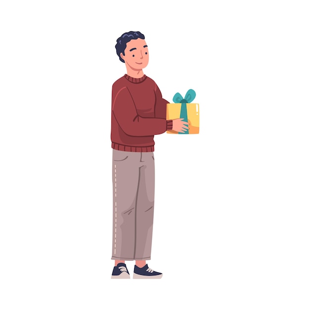 Un joven que da una caja de regalos en una ilustración vectorial de felicitación navideña