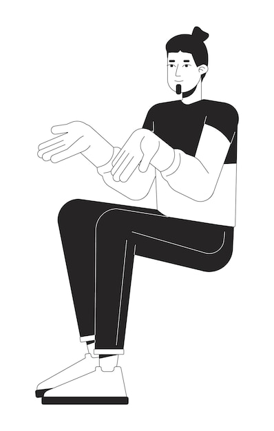 Joven que se encoge de hombros en blanco y negro 2D personaje de dibujos animados