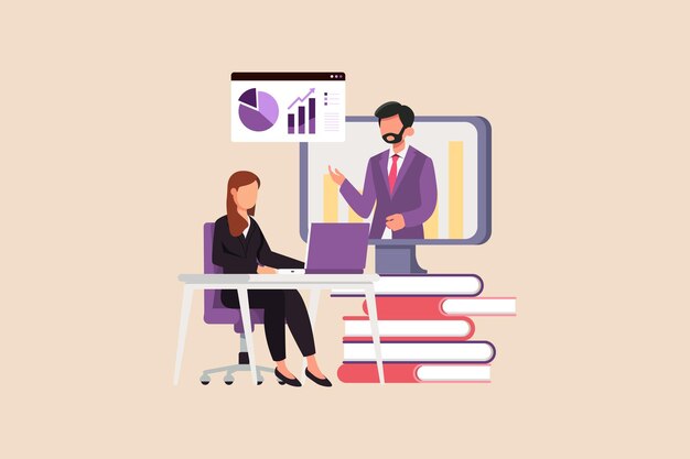 Joven que presenta gráficos y tablas en la pantalla en la clase de capacitación en línea Concepto de negocio de capacitación y taller Ilustración vectorial
