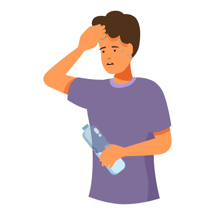 Vector joven que se siente caliente sosteniendo una botella de agua experimentando un golpe de calor