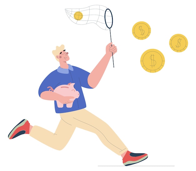 Un joven que sostiene una alcancía en la mano y atrapa monedas con una ilustración plana de vector neto