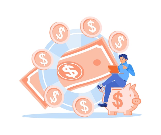 Joven que trabaja en línea Ganar dinero de Internet Ganar dinero concepto Ilustración vectorial plana