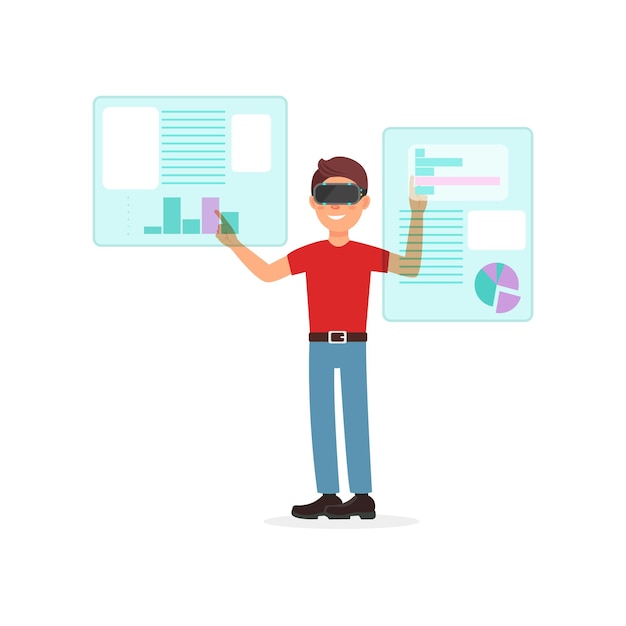 Joven que trabaja en una oficina virtual con el concepto de tecnología cibernética y negocios de auriculares VR ilustración sobre un fondo blanco