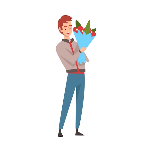 Joven con un ramo de flores Felicitaciones por el cumpleaños o la fecha romántica Ilustración vectorial en fondo blanco