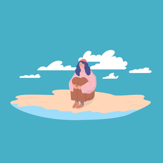 Una joven se relaja en la orilla del mar Cuidando de ti mismo Un adolescente melancólico está sentado al aire libre Ilustración vectorial linda de dibujos animados aislada en un fondo azul