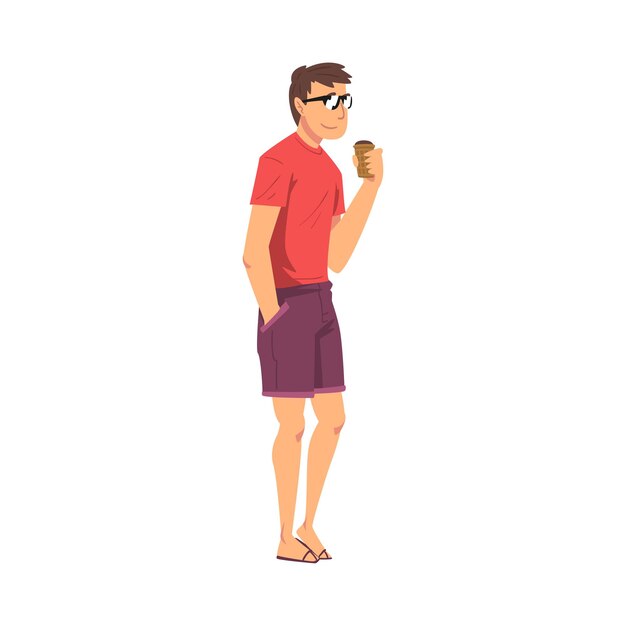 Joven relajado comiendo helado descansando personaje masculino con camiseta roja y pantalones cortos disfrutando