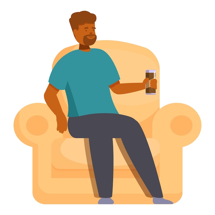 Vector un joven relajándose en el sofá y sosteniendo una lata de refresco
