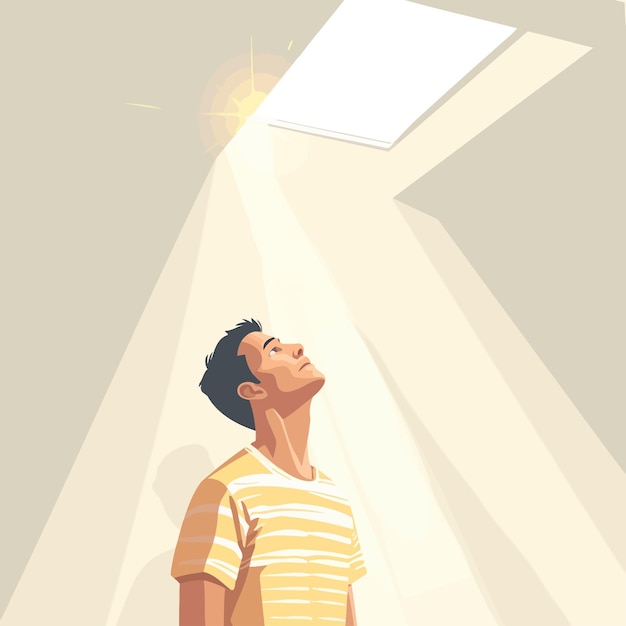 Vector un joven reza a dios mirando al sol en el cielo.