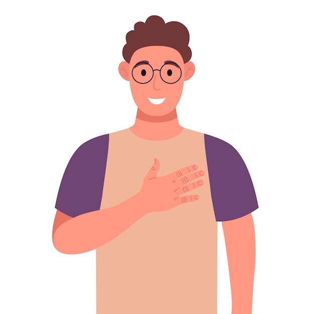Vector un joven rizado con anteojos expresa su sentimiento positivo a las personas que mantienen la mano en el pecho o el corazón ilustración vectorial