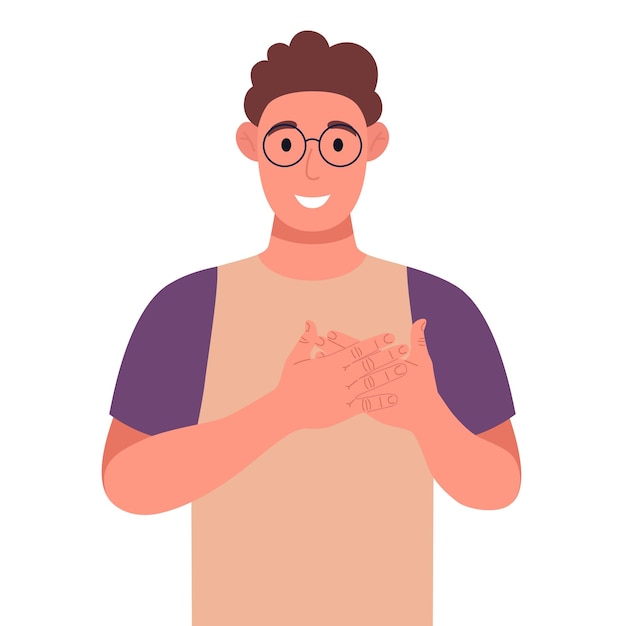Un joven rizado con anteojos expresa su sentimiento positivo a las personas que mantienen las manos en el pecho o el corazón Ilustración vectorial