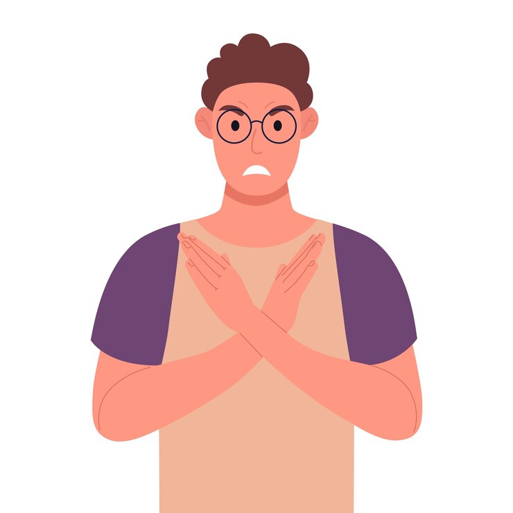 Vector joven rizado con gafas haciendo señal de stop en forma de x con las manos y expresión negativa ilustración vectorial