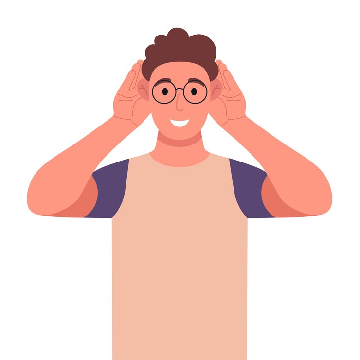 Vector joven rizado con gafas tratando de escuchar algo serio el tipo está levantando las manos a los oídos ilustración vectorial
