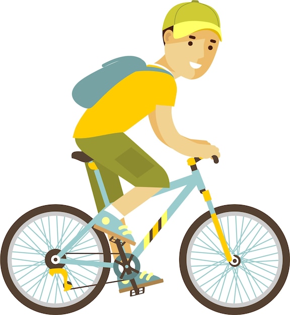 Joven con ropa casual y gorra de béisbol con mochila en bicicleta estilo flat