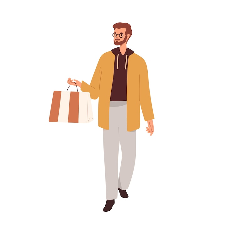Vector joven saliendo al aire libre, llevando una bolsa de compras. persona caminando con ropa informal en la calle. chico con gafas paseando con compras. ilustración de vector plano aislado sobre fondo blanco.