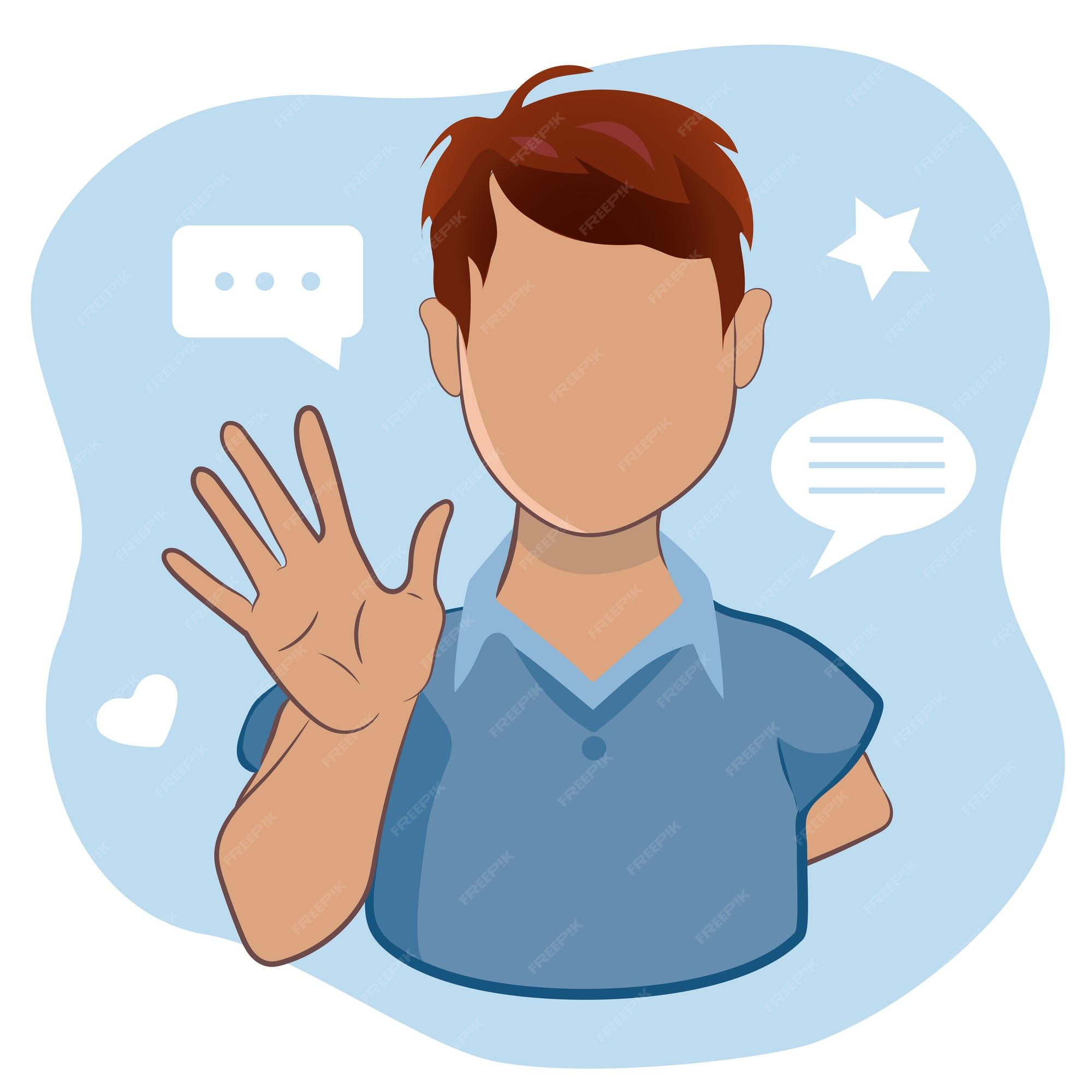 Joven saludando con la mano saludando o diciendo adiós personaje masculino  de dibujos animados | Vector Premium