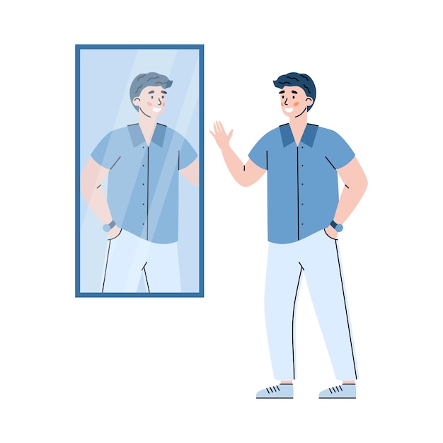 Vector joven seguro de sí mismo frente a la ilustración vectorial plana del espejo aislado