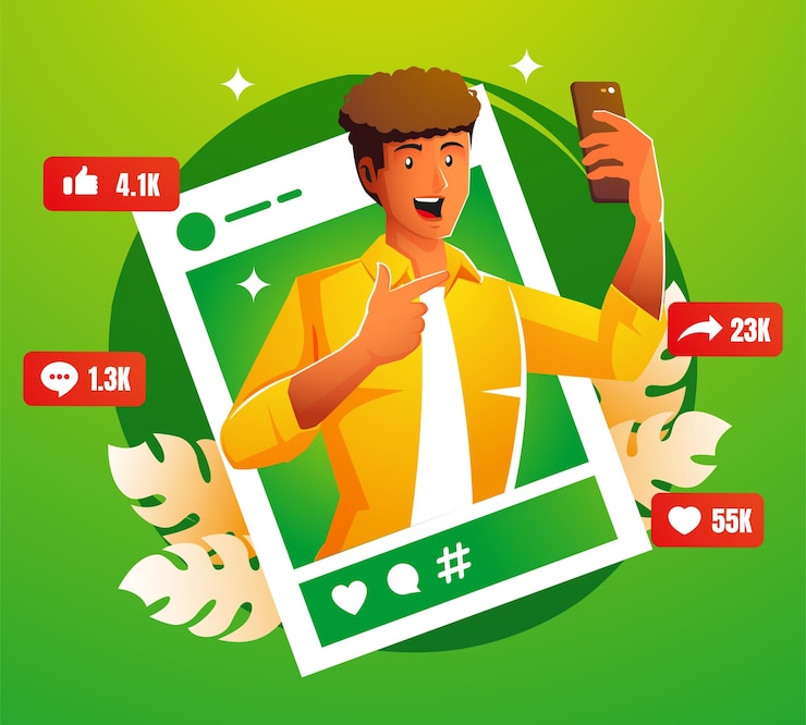 Vector joven selfie y publicación en redes sociales