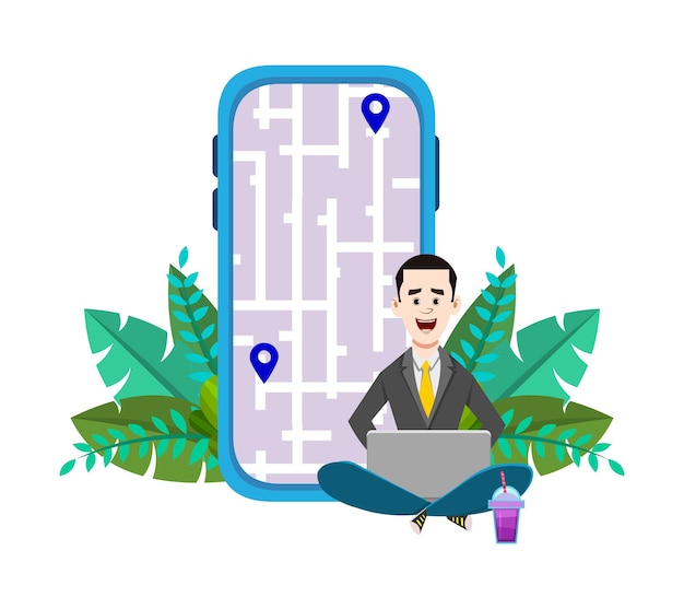 Joven sentado al aire libre o comprobando rutas y ubicación. Usando aplicación móvil y de computadora con mapa.