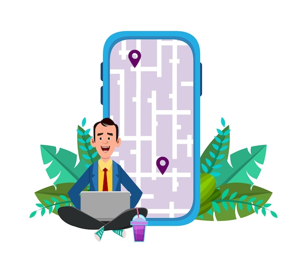Joven sentado al aire libre o comprobando rutas y ubicación. Usando aplicación móvil y de computadora con mapa.