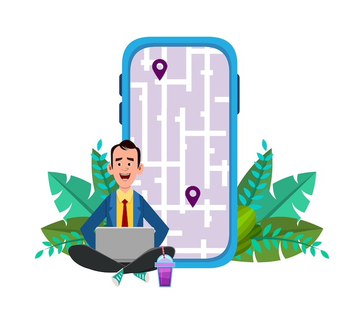 Vector joven sentado al aire libre o comprobando rutas y ubicación. usando aplicación móvil y de computadora con mapa.