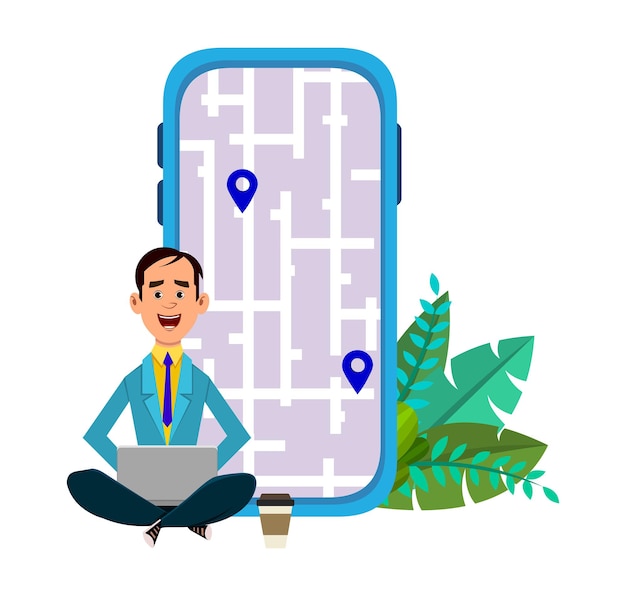 Joven sentado al aire libre o comprobando rutas y ubicación. Usando computadora y aplicación móvil con mapa.