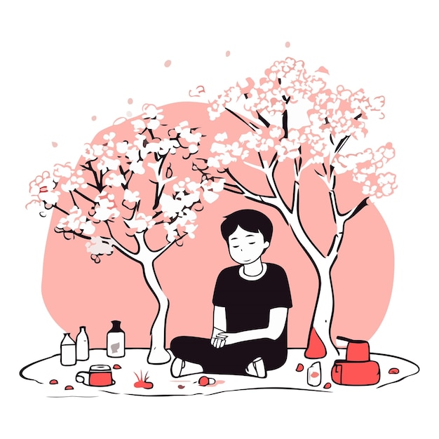 Vector un joven sentado cerca de un árbol de sakura en flor.