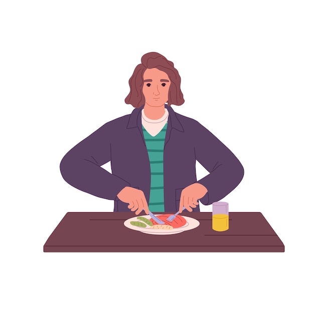 Joven sentado en la mesa de comedor comiendo comida de carne persona almorzando cena con bistec y vaso de jugo vista frontal ilustración vectorial plana aislada en fondo blanco