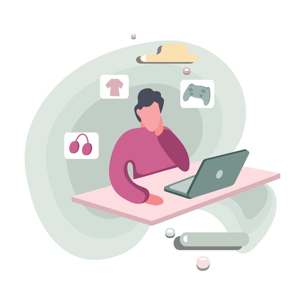 Joven sentado a la mesa con computadora portátil y eligiendo gadgets y ropa haciendo compras en línea Comprador en línea Comprando nuevos productos Comercio electrónico Entorno digital Vector ilustración plana