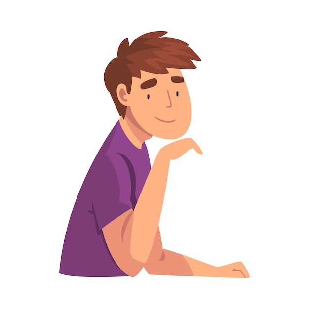 Un joven sentado mirándonos. Ilustración vectorial de dibujos animados.