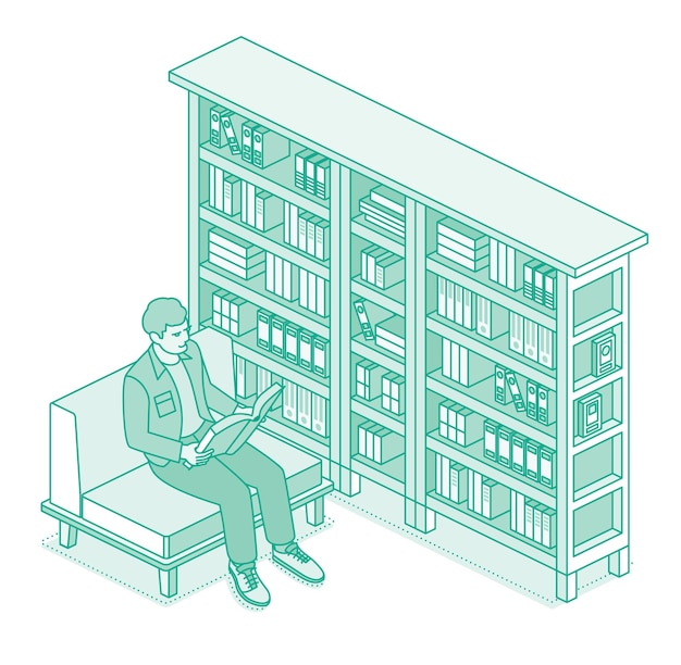 Joven sentado en una silla suave y leyendo libros estanterías y estantes con libros estilo esquema al hombre le encanta relajarse con un buen libro