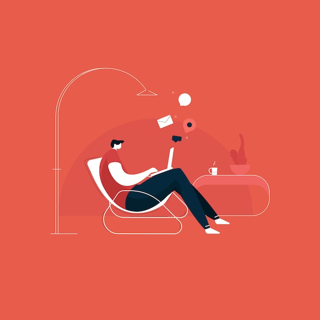 joven sentado en una silla y trabajando desde casa ilustración, joven usando laptop. trabajar desde casa concepto