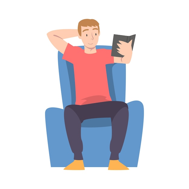 Joven sentado en un sillón y leyendo un libro Ilustración vectorial al estilo de dibujos animados
