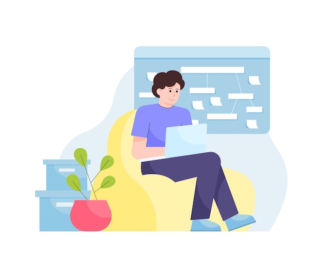 Joven sentado en un sillón y trabajando en una computadora portátil Espacio de coworking moderno