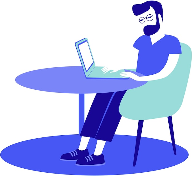 joven, sentado, en, el suyo, escritorio, utilizar, computador portatil