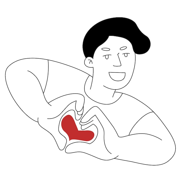 Joven sonriendo y mostrando el corazón con las manos Vector ilustración lineal
