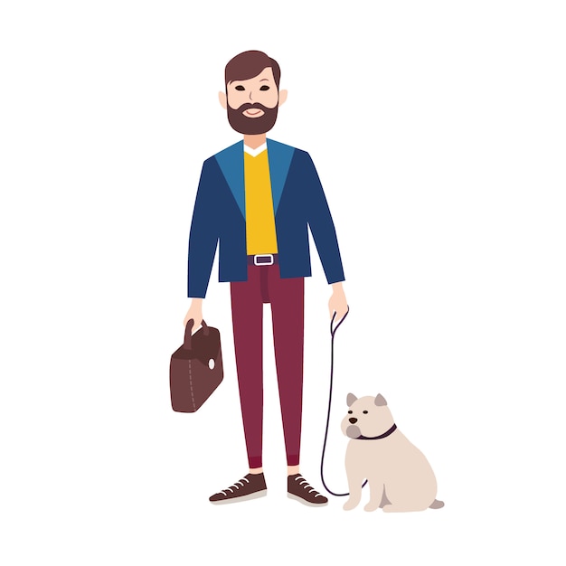 Joven sonriente con barba vestido con ropa elegante caminando bulldog. personaje de dibujos animados plana con su perro en correa aislado sobre fondo blanco. dueño de una mascota. ilustración colorida