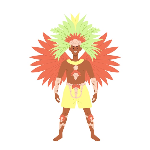 Joven, sonriente, bronceado, hombre, llevando, disfraz de mascarada, con, plumaje, y, joyería, accesorios, aislado, blanco, plano de fondo, brasileño, carnaval, macho, samba, bailarín, caricatura, carácter, vector, ilustración