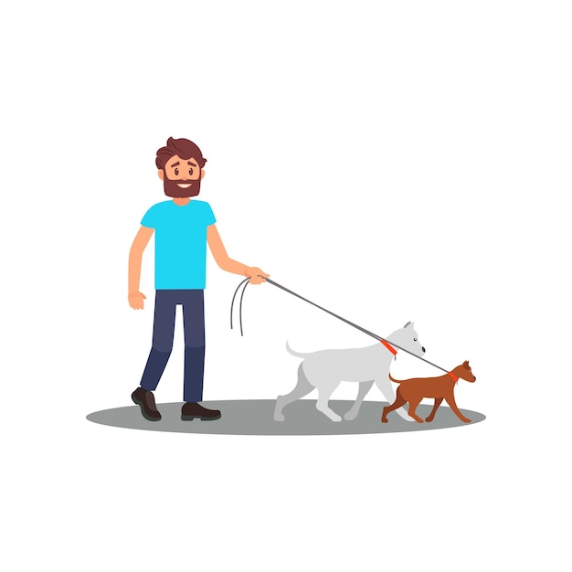 Joven sonriente caminando con perros Trabajador social Voluntario en el trabajo Diseño de vector plano aislado