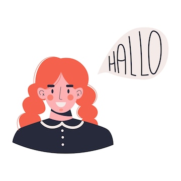 Una joven sonriente dice hola en alemán. la mujer habla alemán. ilustración  vectorial plana | Vector Premium