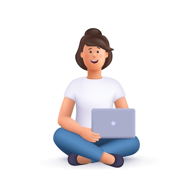 Joven sonriente jane sentada con las piernas cruzadas sosteniendo una computadora portátil freelance estudiando educación en línea trabajo en casa trabajo concepto 3d vector personas personaje ilustración dibujos animados estilo minimalista