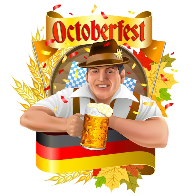 Vector joven sonriente con jarra de cerveza, etiqueta oktoberfest con pancarta de la cinta, espigas de trigo