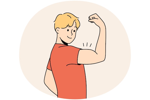 Un joven sonriente mostrando músculos. un tipo feliz y sano demuestra un cuerpo musculoso. deporte y actividad física. ilustración vectorial.