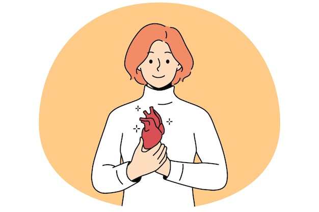 Un joven sonriente sosteniendo el corazón en las manos Una mujer feliz demuestra un corazón sano Problema cardiovascular y atención médica Ilustración vectorial