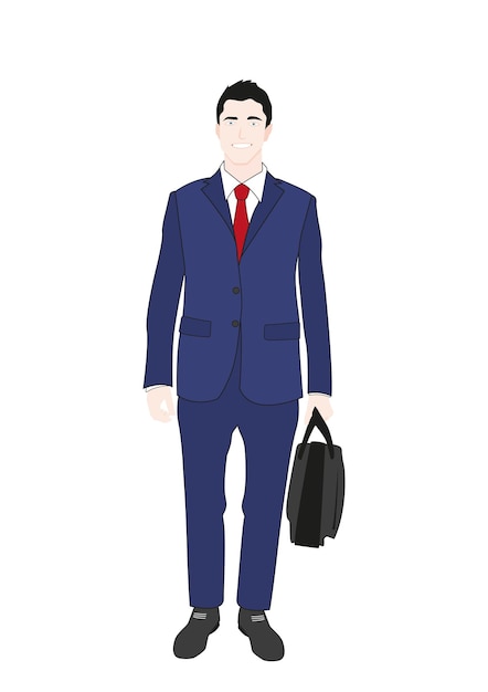 Un joven sonriente en un traje de negocios azul oscuro y una corbata roja con un maletín o bolsa