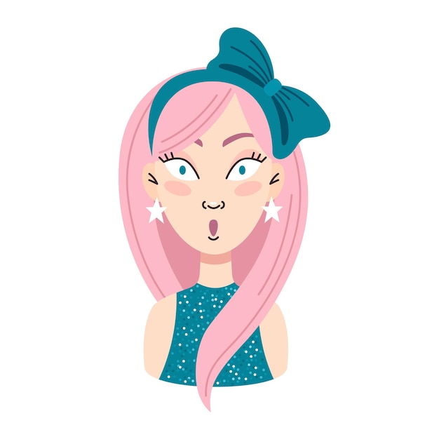 Vector joven sorprendida mujer asustada con cabello rosaemocionesarco en su cabello pendientes estrellasretrato de cara avatar ilustración vectorial de dibujos animados sobre un fondo blanco