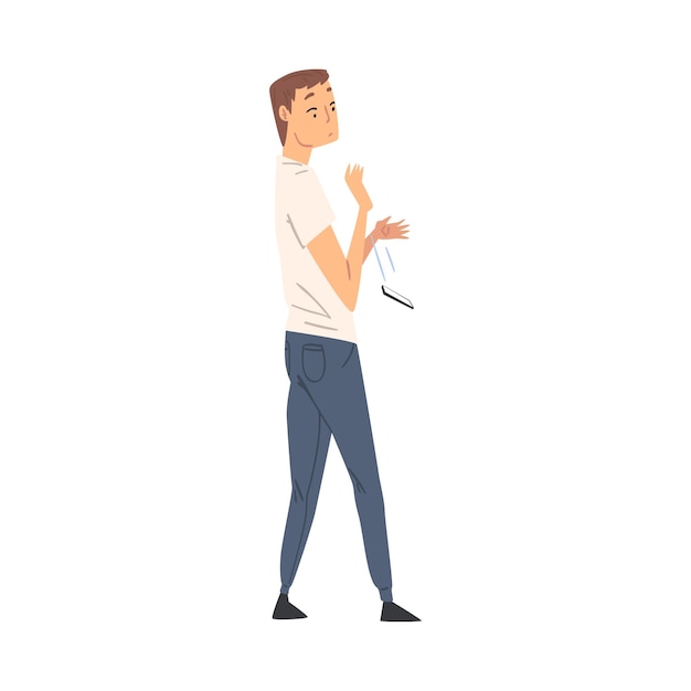 Un joven sorprendido dejando caer una ilustración vectorial al estilo de dibujos animados en su teléfono inteligente sobre un fondo blanco