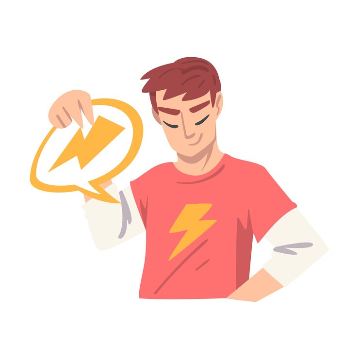 Vector joven sosteniendo una burbuja de chat de habla con un letrero en las manos gente que se comunica mensajes chateando ilustración vectorial de dibujos animados