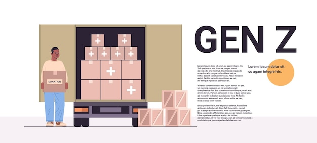 joven sosteniendo caja de ayuda de donación con suministros médicos material de ayuda humanitaria generación de asistencia Z concepto horizontal copia espacio vector ilustración