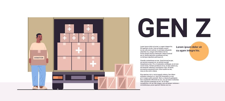 Vector joven sosteniendo caja de ayuda de donación con suministros médicos material de ayuda humanitaria generación de asistencia z concepto horizontal copia espacio vector ilustración